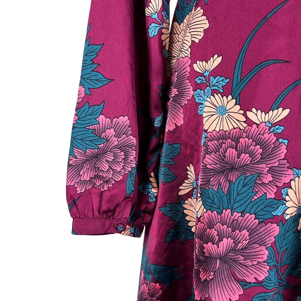 Lulus Love Is Life Floral Satin Mini Wrap Dress Wine Burgundy Floral Long Sleeve - Picture 6 of 10